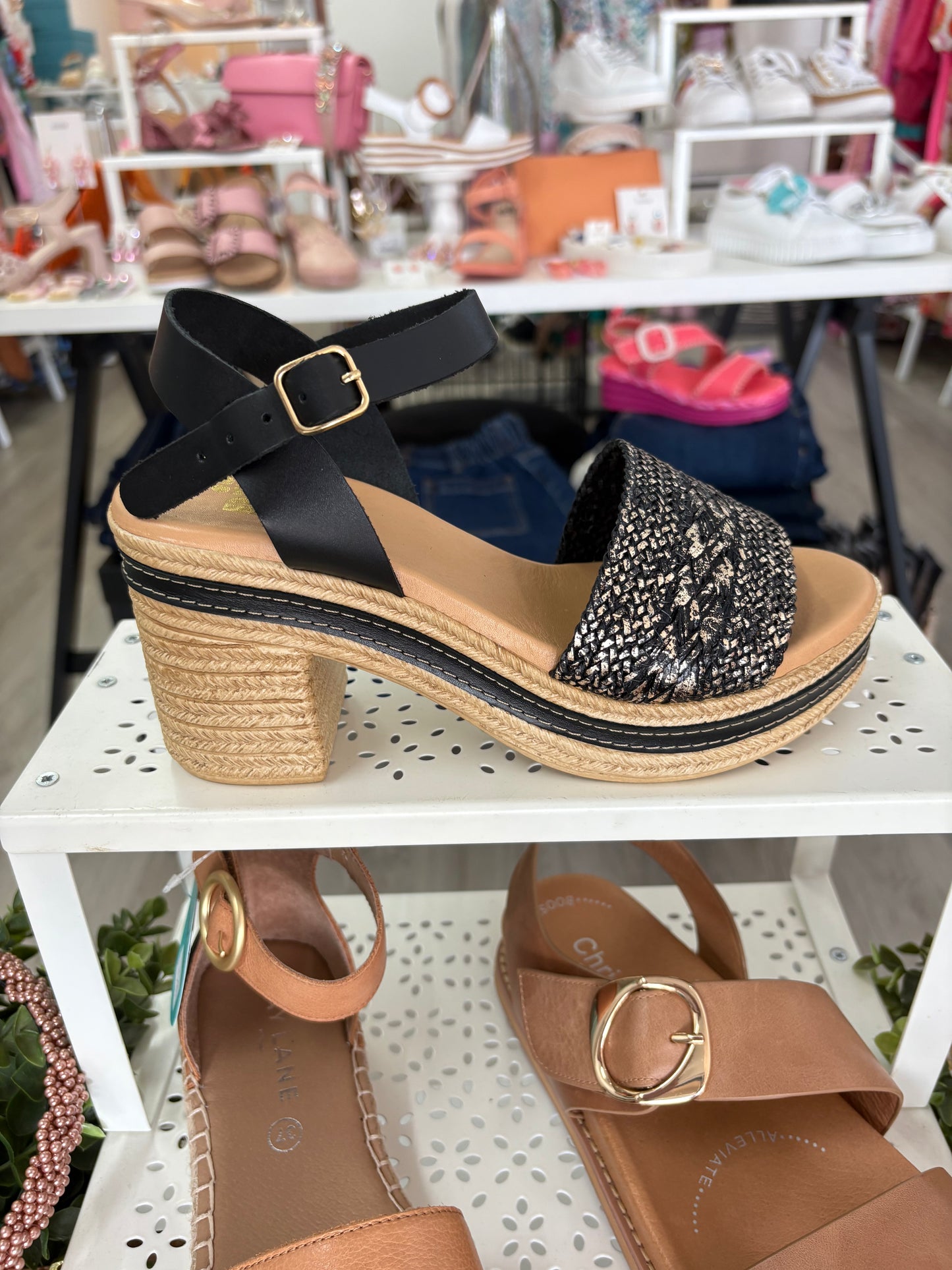 Nu X Neo - Queenie Negro Leather & Textile Platform Heel